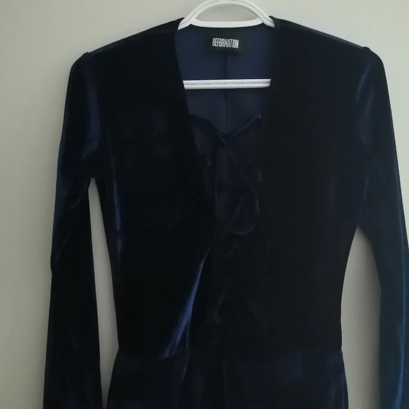 Reformation  Avalon Blue Velvet Lace Up Front Bodysuit Plunging V-Neck XS - Picture 5 of 16